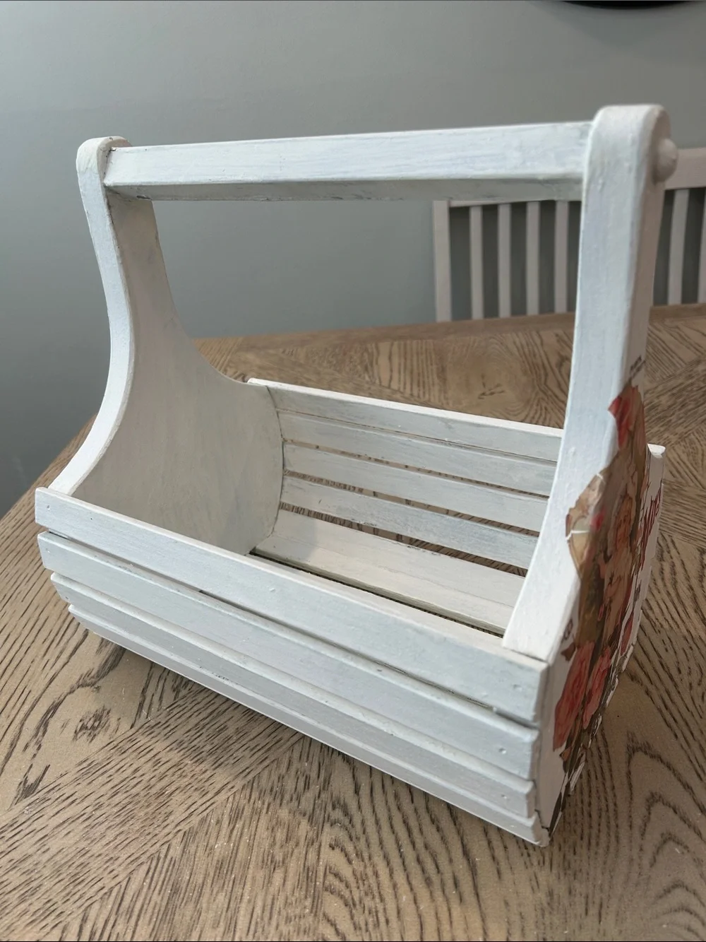 Distressed White Wooden Slatted Tote Basket with Floral Accent